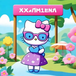 Hello Kitty character wearing stylish purple glasses and a blue dress, holding a sign that says 'Ximena'