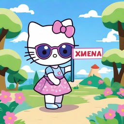 Hello Kitty character wearing stylish purple glasses and a blue dress, holding a sign that says 'Ximena'