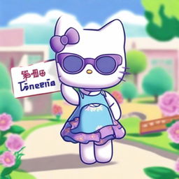 Hello Kitty character wearing stylish purple glasses and a blue dress, holding a sign that says 'Ximena'