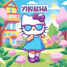 Hello Kitty character wearing stylish purple glasses and a blue dress, holding a sign that says 'Ximena'