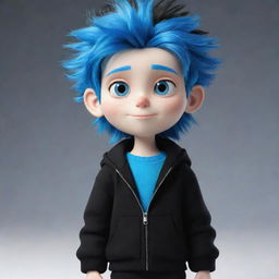 The boy, now a detailed cartoon character, with snowy white skin, vibrant blue hair and stylish black clothes.