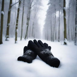 A pair of black gloves lying on the snow in a serene, snow-covered forest