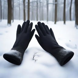 A pair of black gloves lying on the snow in a serene, snow-covered forest