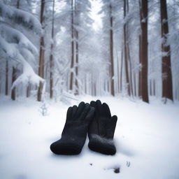 A pair of black gloves lying on the snow in a serene, snow-covered forest