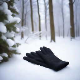 A pair of black gloves lying on the snow in a serene, snow-covered forest