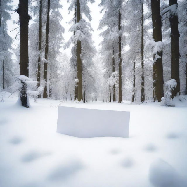 A paper letter lying on the snow in a serene, snow-covered forest