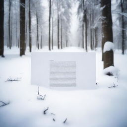 A paper letter lying on the snow in a serene, snow-covered forest