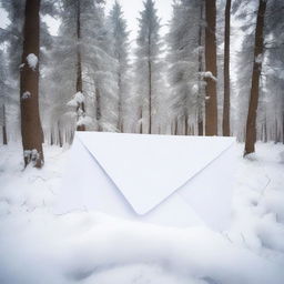 A paper letter lying on the snow in a serene, snow-covered forest