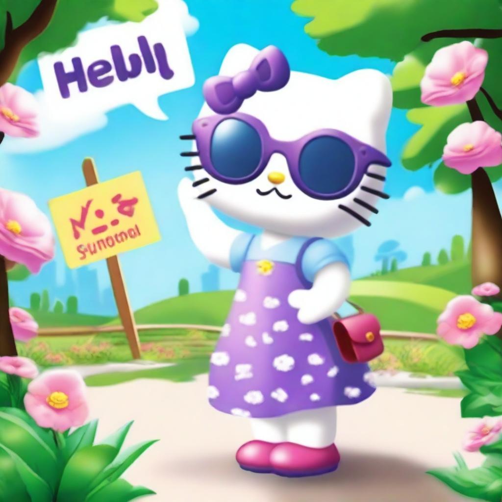 An HD image of Hello Kitty character wearing stylish purple glasses and a blue dress, holding a sign that says 'Ximena'