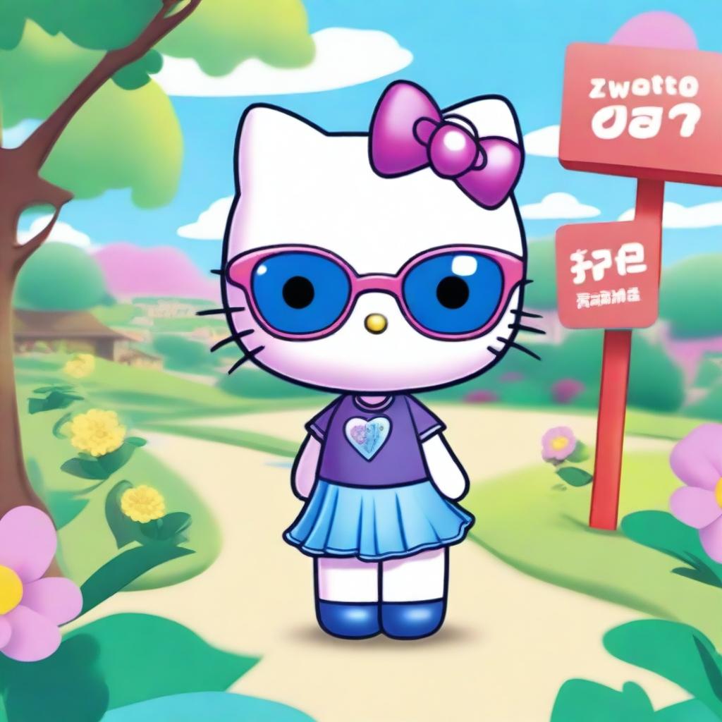 An HD image of Hello Kitty character wearing stylish purple glasses and a blue dress, holding a sign that says 'Ximena'