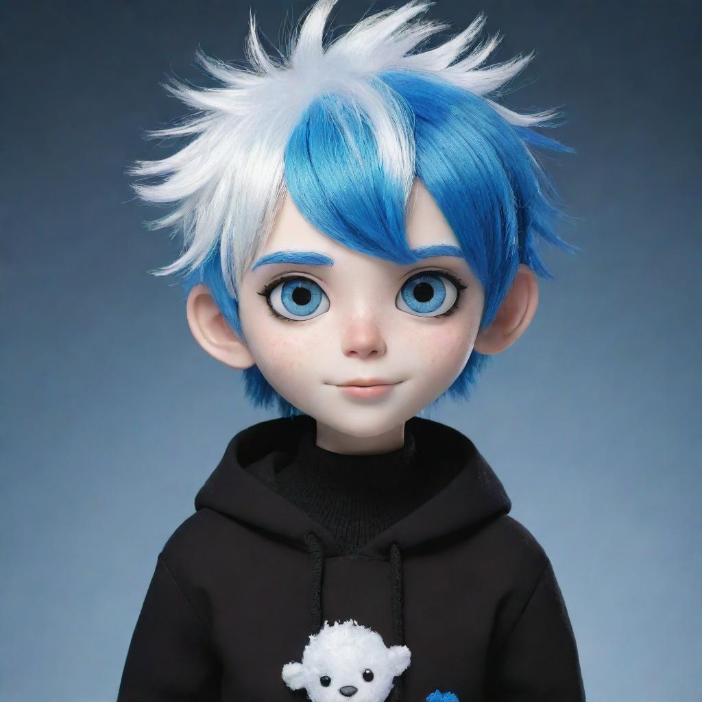 The boy, now a detailed cartoon character, with snowy white skin, vibrant blue hair and stylish black clothes.