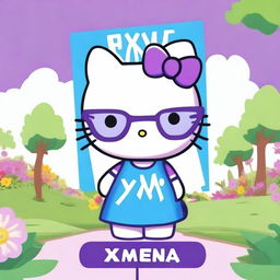 An HD image of Hello Kitty character wearing stylish purple glasses and a blue dress, holding a sign that says 'Ximena'