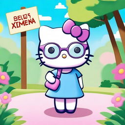 An HD image of Hello Kitty character wearing stylish purple glasses and a blue dress, holding a sign that says 'Ximena'