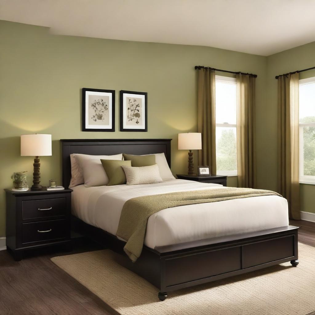 A small bedroom featuring a full-sized bed with a beige headboard, olive green walls, and curtains