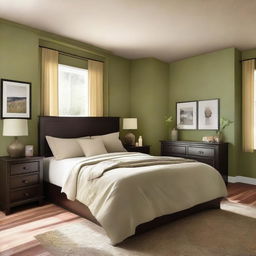 A small bedroom featuring a full-sized bed with a beige headboard, olive green walls, and curtains