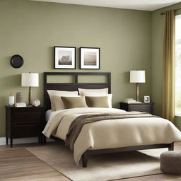 A small bedroom featuring a full-sized bed with a beige headboard, olive green walls, and curtains