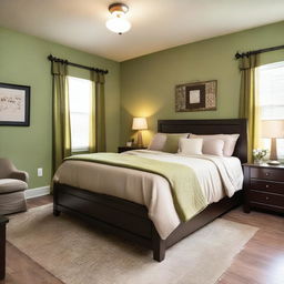 A small bedroom featuring a full-sized bed with a beige headboard, olive green walls, and curtains