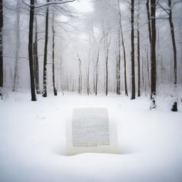 A papyrus paper letter written in ink lying on the snow, viewed from below, in a serene, snow-covered forest