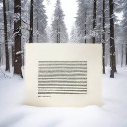 A papyrus paper letter written in ink lying on the snow, viewed from below, in a serene, snow-covered forest