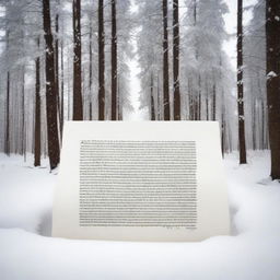 A papyrus paper letter written in ink lying on the snow, viewed from below, in a serene, snow-covered forest