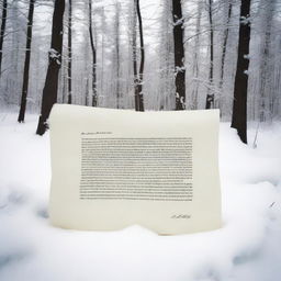 A papyrus paper letter written in ink lying on the snow, viewed from below, in a serene, snow-covered forest