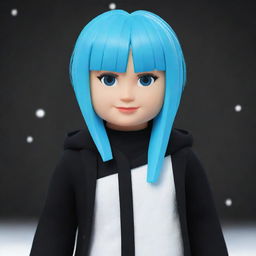 A Roblox avatar with snowy white skin, showcasing bright blue hair and stylish black outfit.