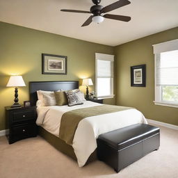 A small bedroom featuring a full-sized beige bed, one olive green wall, and one white wall