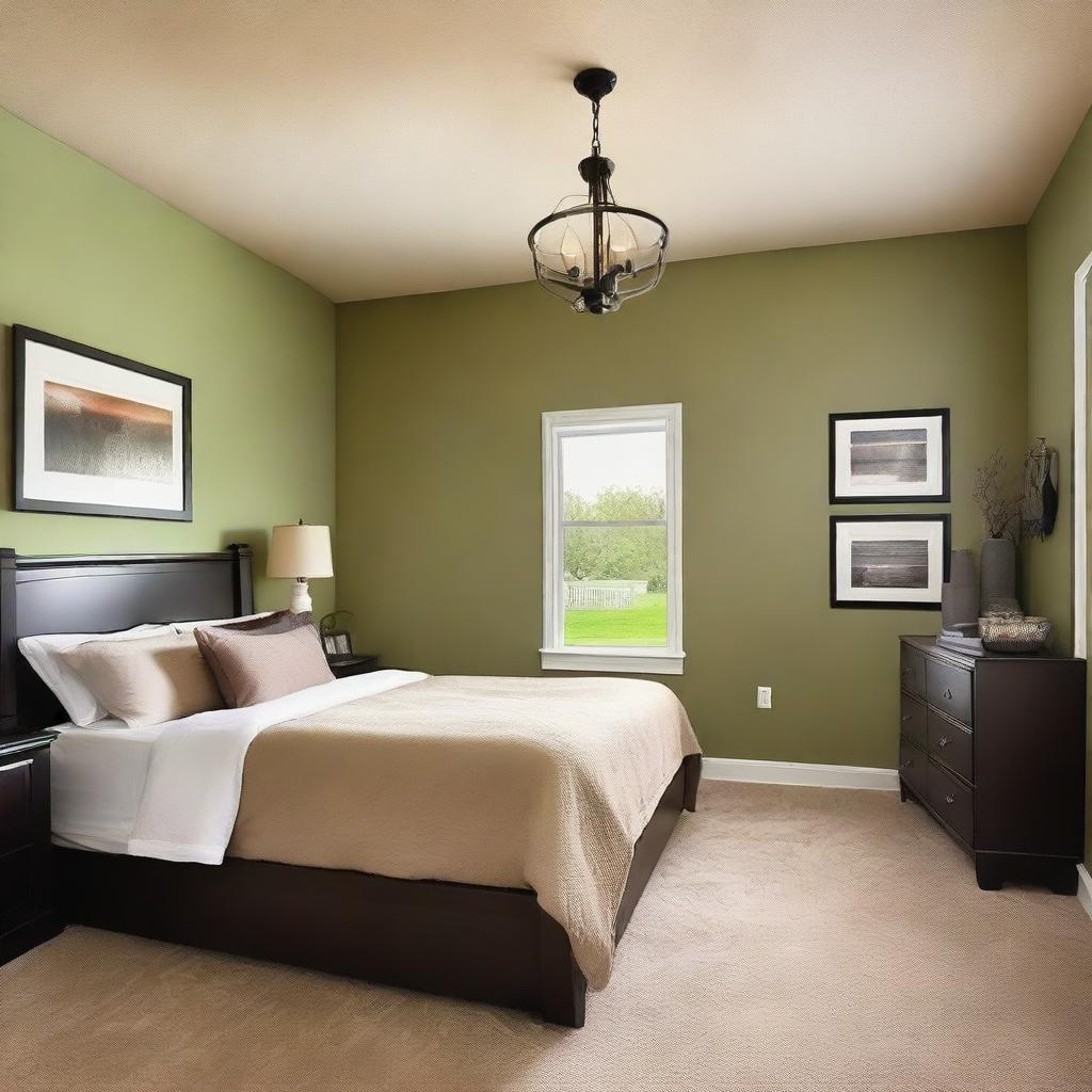 A small bedroom featuring a full-sized beige bed, one olive green wall, and one white wall