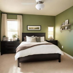 A small bedroom featuring a full-sized beige bed, one olive green wall, and one white wall