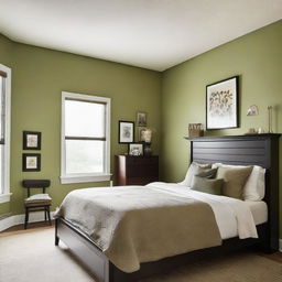 A small bedroom featuring a full-sized beige bed, one olive green wall, and one white wall