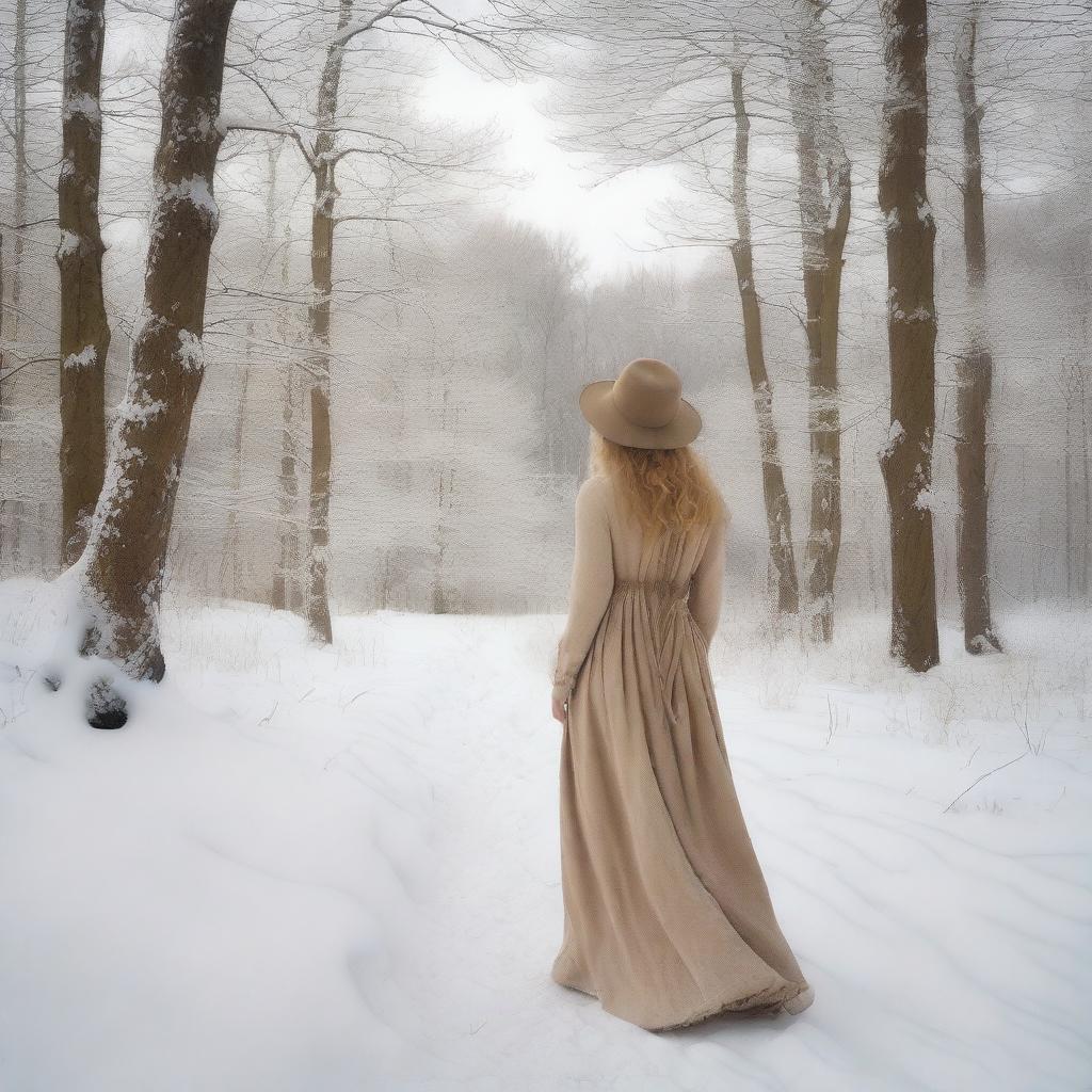 A young woman walks away towards a snowy forest, wearing a long dress that reaches the ground and a hat