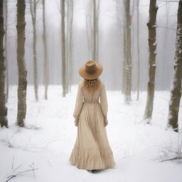 A young woman walks away towards a snowy forest, wearing a long dress that reaches the ground and a hat