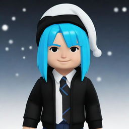 A Roblox avatar with snowy white skin, showcasing bright blue hair and stylish black outfit.