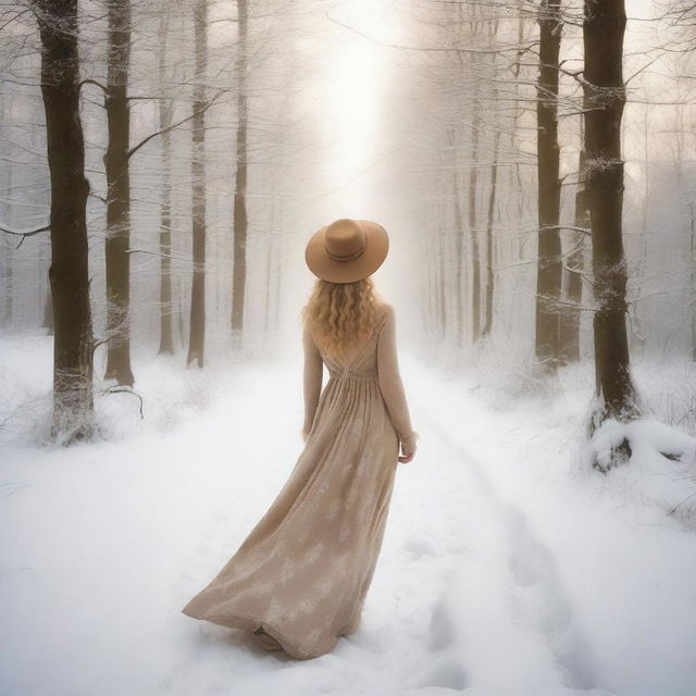 A young woman walks away towards a snowy forest, wearing a long dress that reaches the ground and a hat