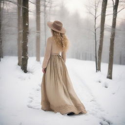 A young woman walks away towards a snowy forest, wearing a long dress that reaches the ground and a hat