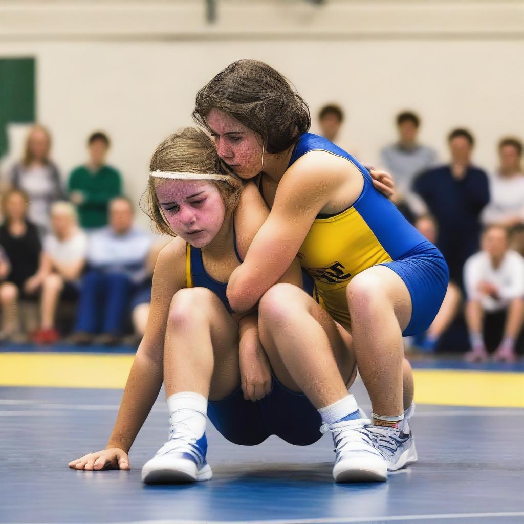 A dynamic scene of a girl sitting on a boy during a wrestling match, both wearing wrestling uniforms