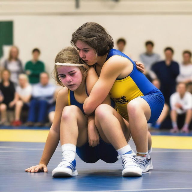 A dynamic scene of a girl sitting on a boy during a wrestling match, both wearing wrestling uniforms