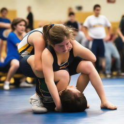 A dynamic scene of a girl sitting on a boy during a wrestling match, both wearing wrestling uniforms