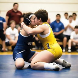 A dynamic scene of a girl sitting on a boy during a wrestling match, both wearing wrestling uniforms