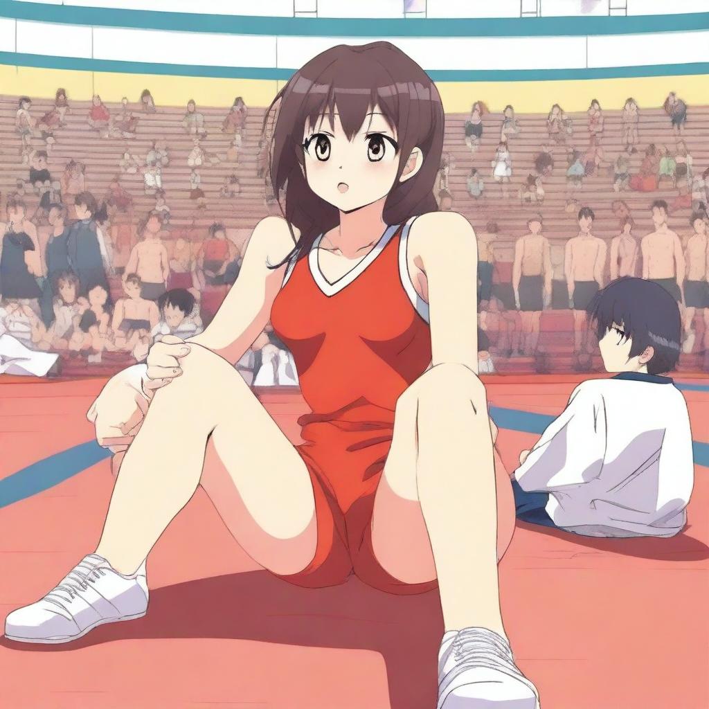 An anime-style scene of a girl sitting on a boy during a wrestling match, both wearing traditional wrestling uniforms