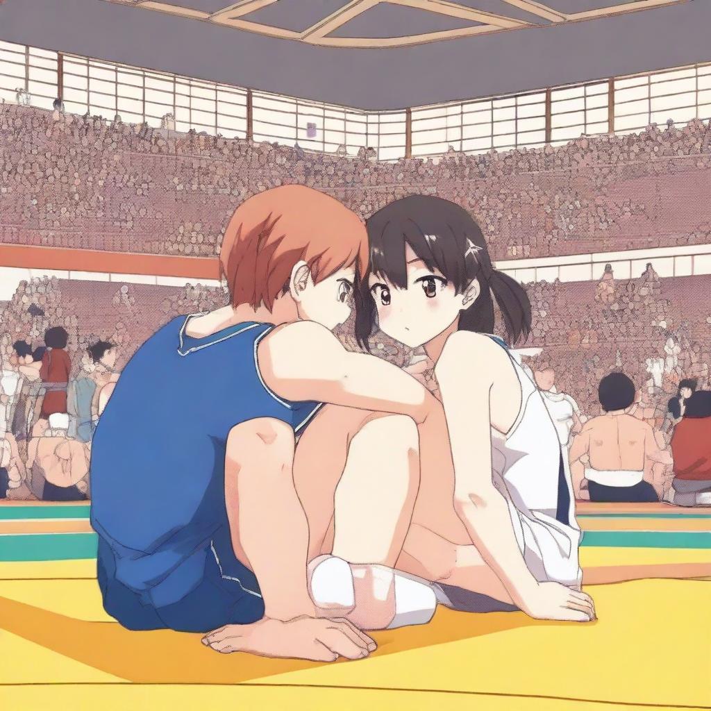 An anime-style scene of a girl sitting on a boy during a wrestling match, both wearing traditional wrestling uniforms