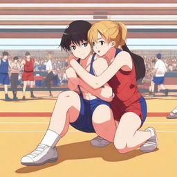 An anime-style scene of a girl sitting on a boy during a wrestling match, both wearing traditional wrestling uniforms