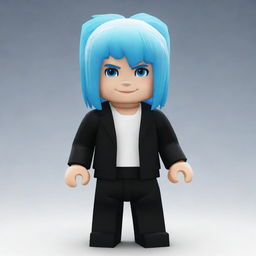 A Roblox avatar with snowy white skin, showcasing bright blue hair and stylish black outfit.