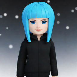 A Roblox avatar with snowy white skin, showcasing bright blue hair and stylish black outfit.