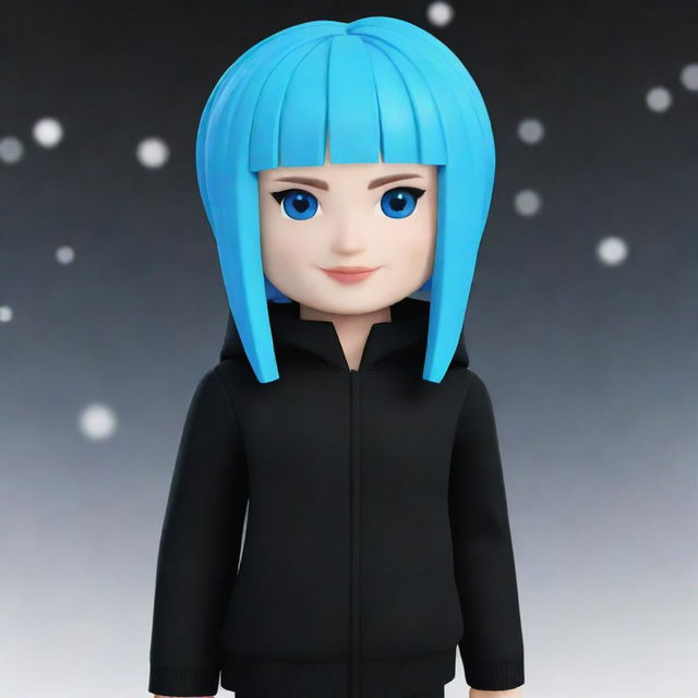 A Roblox avatar with snowy white skin, showcasing bright blue hair and stylish black outfit.