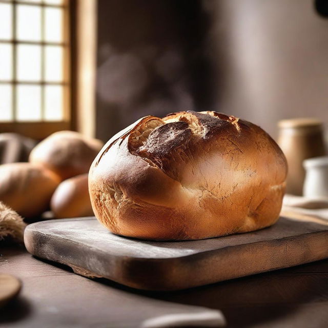 A freshly baked loaf of bread, golden brown and crusty on the outside, with steam rising as it is sliced open to reveal a soft, fluffy interior