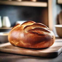 A freshly baked loaf of bread, golden brown and crusty on the outside, with steam rising as it is sliced open to reveal a soft, fluffy interior