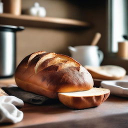 A freshly baked loaf of bread, golden brown and crusty on the outside, with steam rising as it is sliced open to reveal a soft, fluffy interior