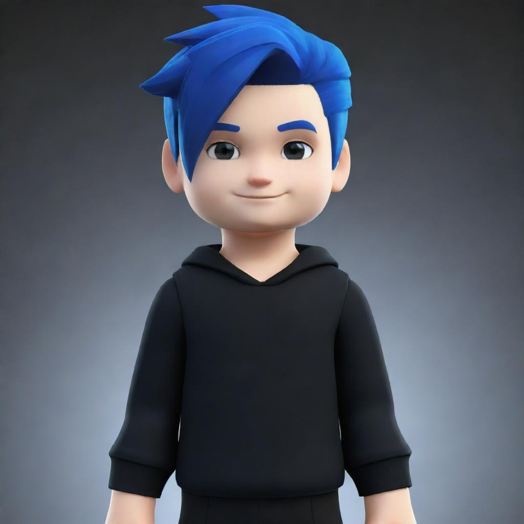 A Roblox avatar of a boy, prominently featuring incredibly fair, white skin, deep blue hair, and a slick black outfit.