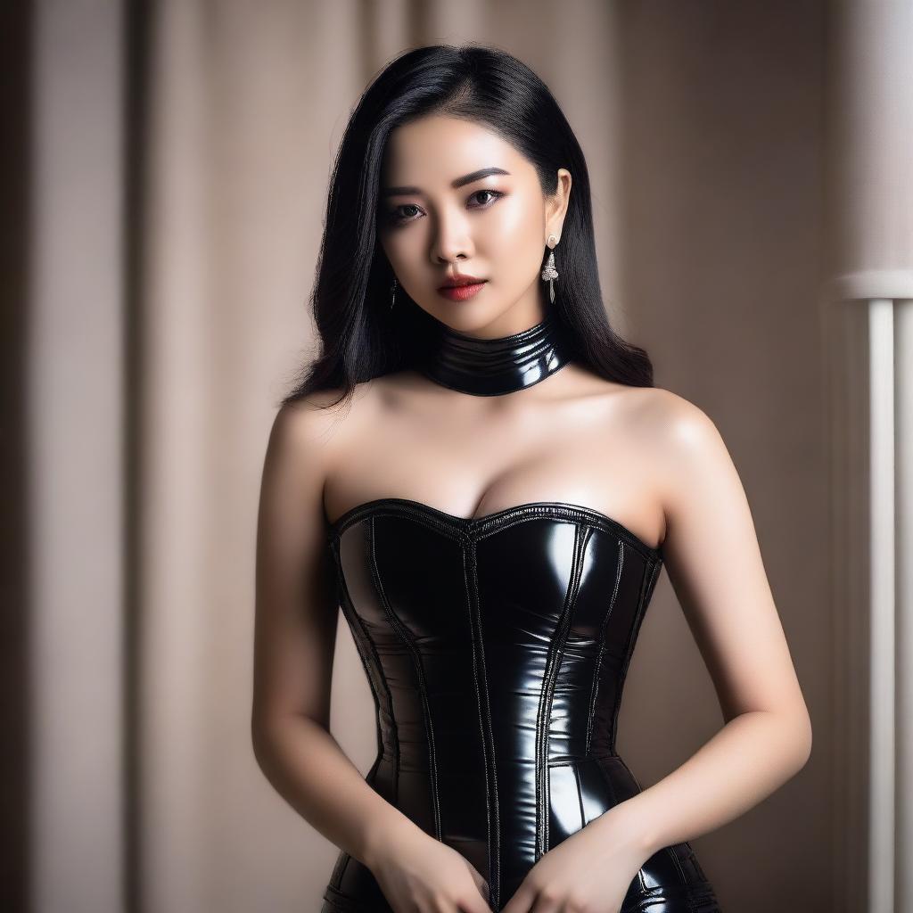 A beautiful Asian girl wearing a tight black shiny puffer corset, posing confidently